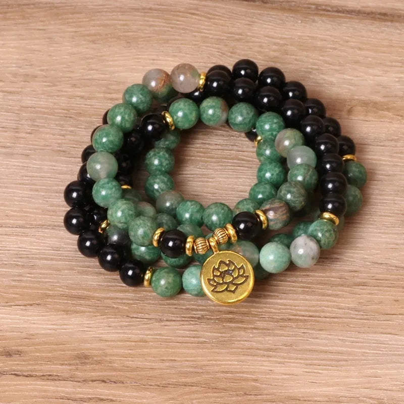 Green and black elastic beaded bracelet with alloy construction and natural style