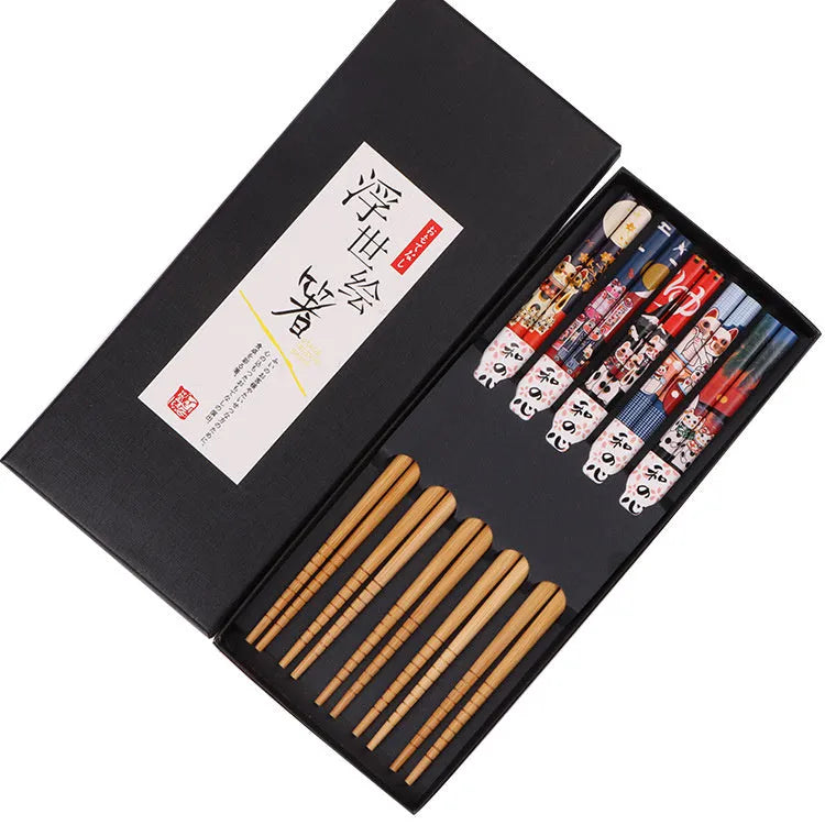 Five pairs of bamboo chopsticks with Japanese cartoon patterns in lucky cat or blue designs