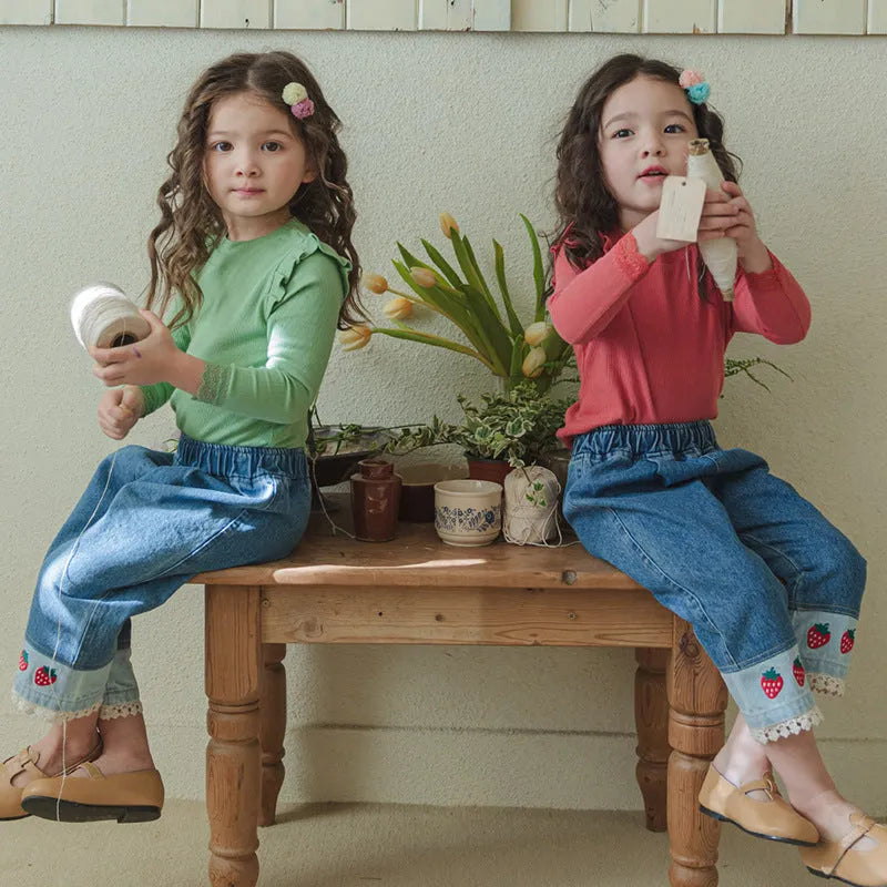 Lace patchwork embroidered strawberry casual toddler jeans, cotton denim, mid waist, hairband belt, suitable for 90-150cm height