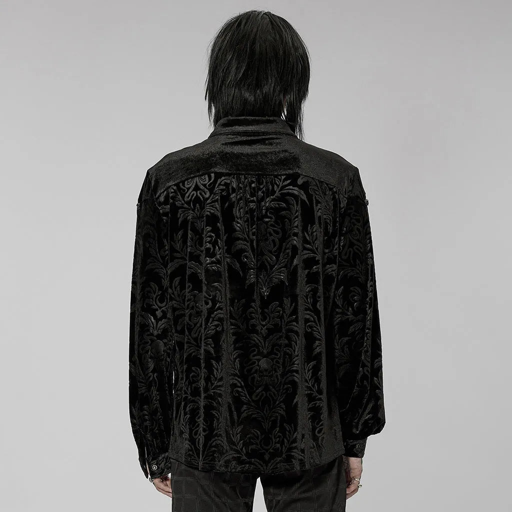 A black men's long-sleeve velvet shirt with a pointed collar in a British preppy style.