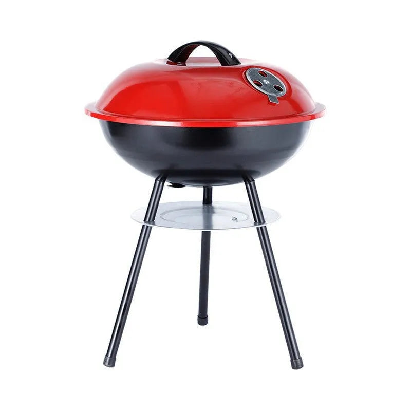 Portable iron barbecue grill with a 14-inch circular cooking grate.