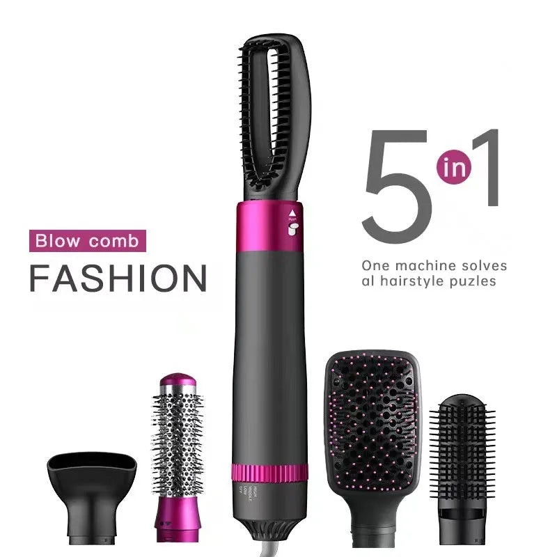 Dyson grey 5-in-1 hair dryer brush and straightening brush with five interchangeable attachments on a white background