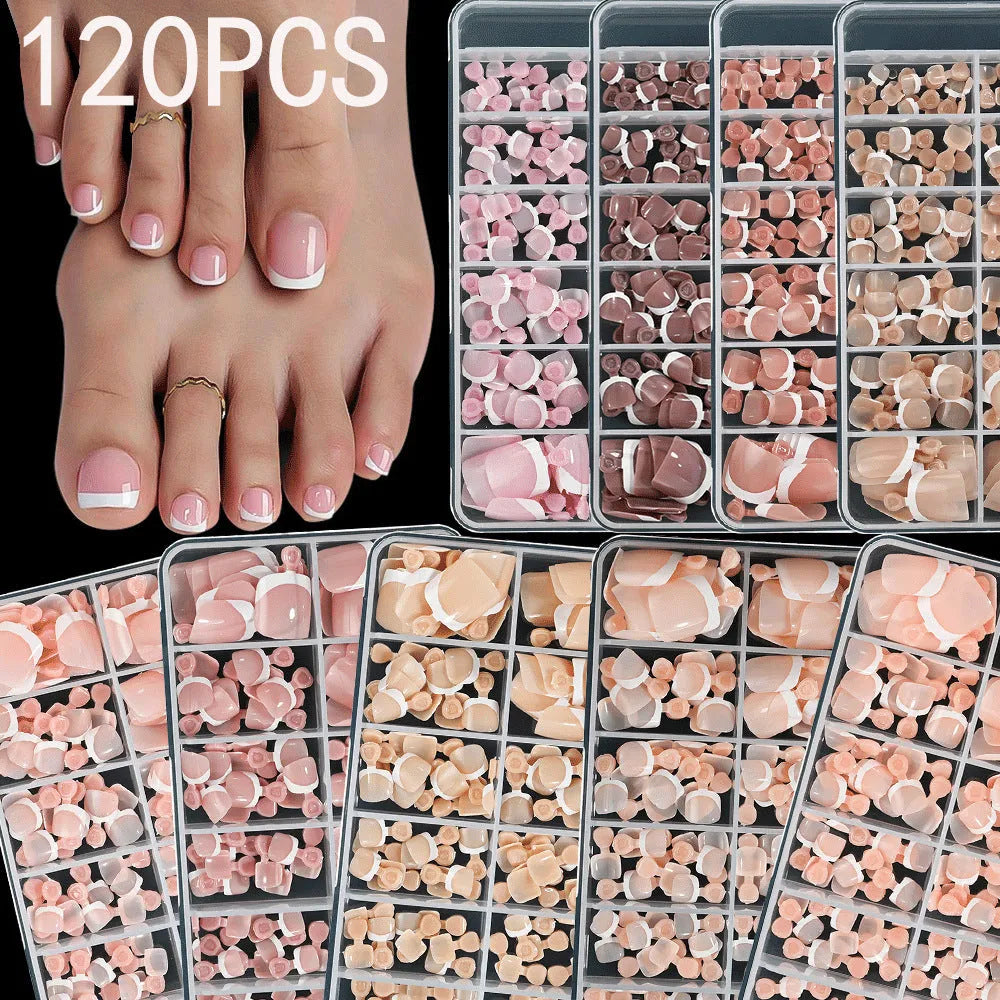 Box of 120 French white edge artificial toenails in square short shape, showing nine nude colour shades.