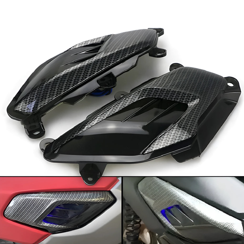 Pair of Yamaha NMAX carbon fibre style LED side lamps with blue or red light options