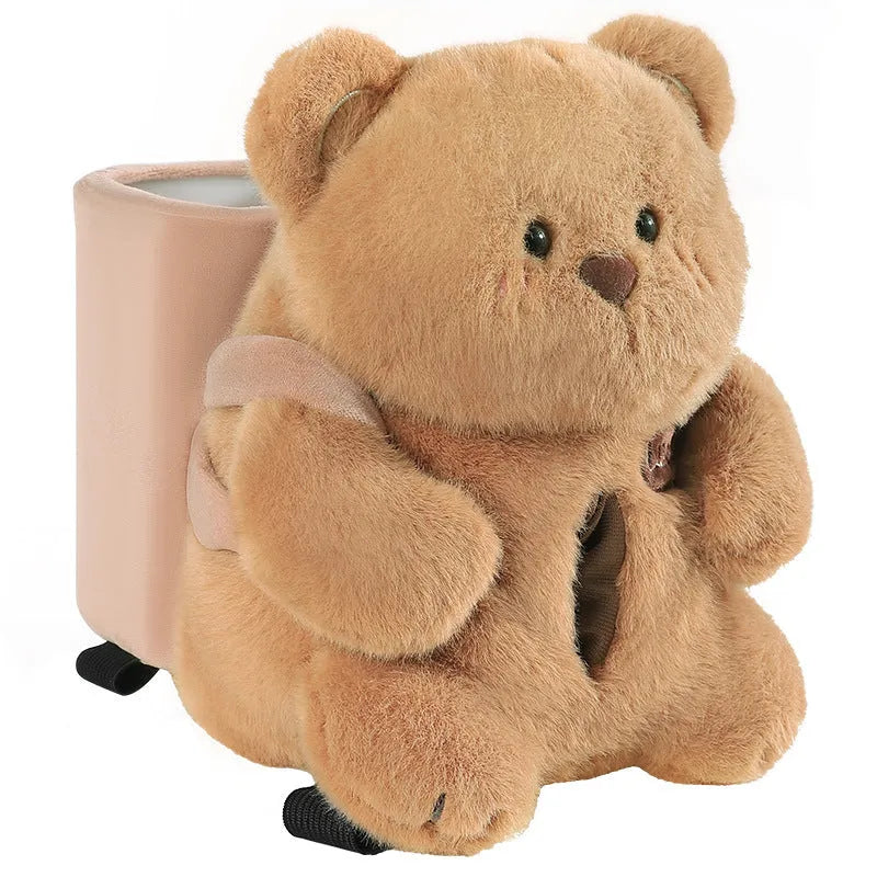 Two-in-one plush car armrest box cover with tissue holder and trash can in model bear on car seat