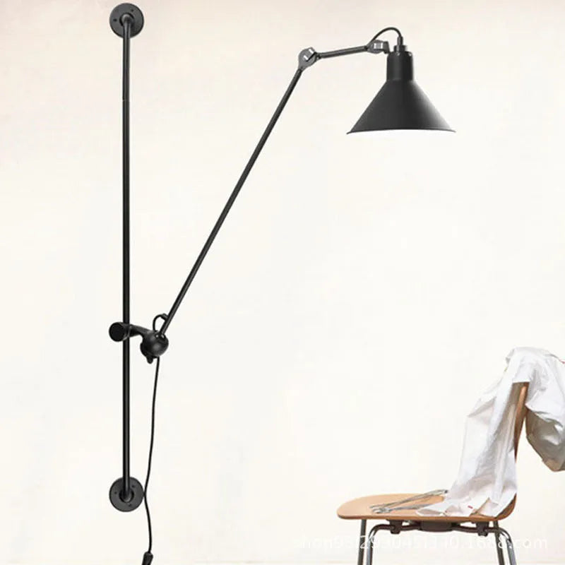 Black rotating rocker arm eye protection wall lamp with plug and Nordic iron lampshade showing warm bulb