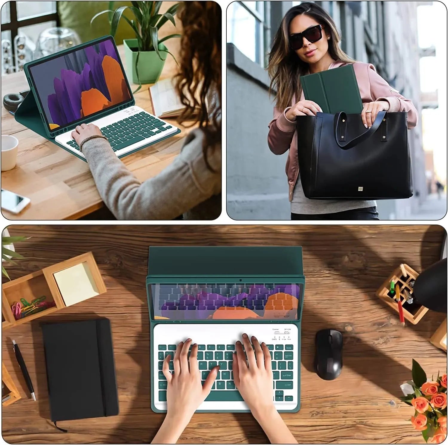 Samsung tablet in a TPU case with a matching wireless keyboard and charging mouse in Business Black.