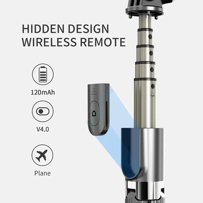 Black tripod selfie stick compatible with Apple iPhone, extended to 700mm, on tabletop
