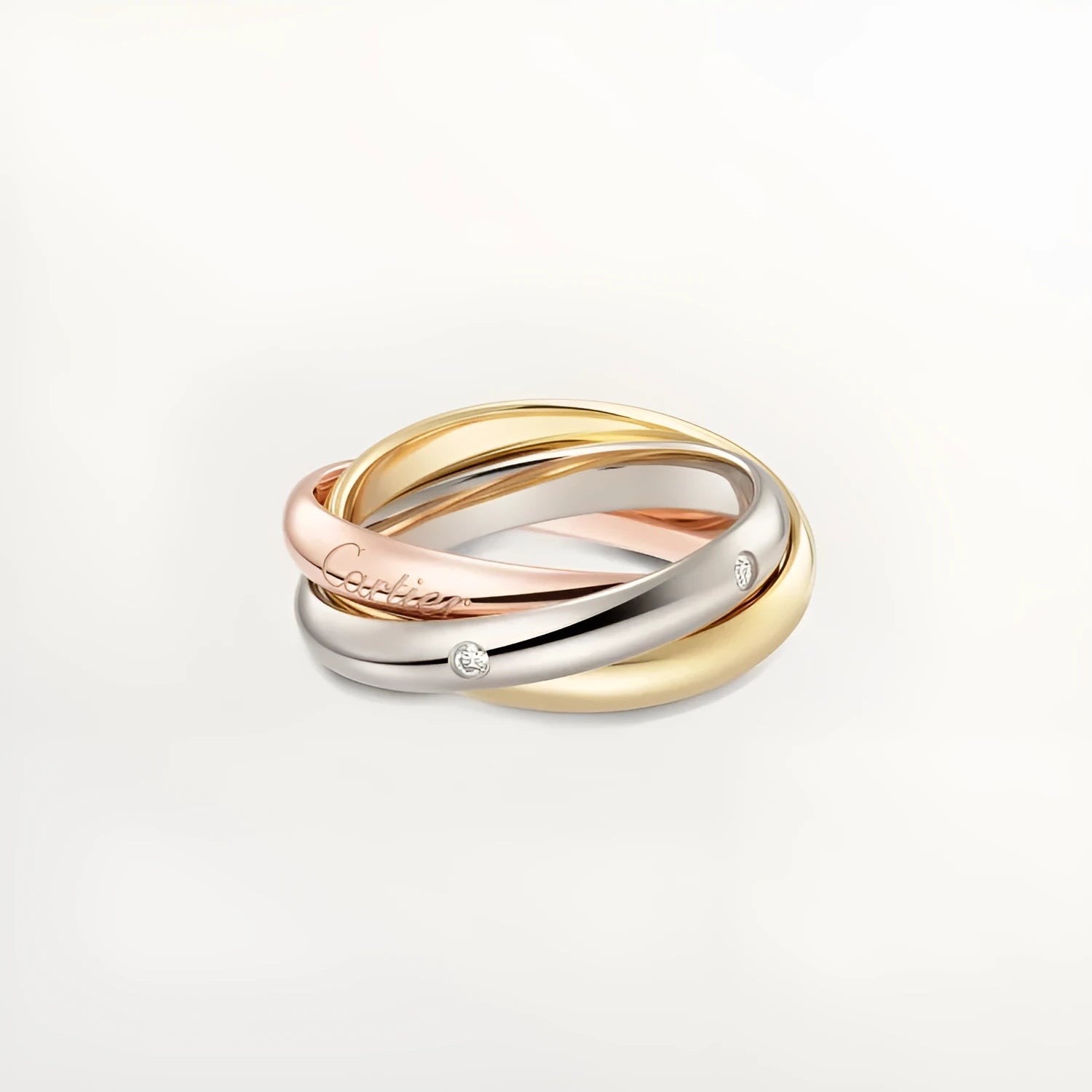 Geometric U-shaped silver couple ring with full diamonds on a black background.