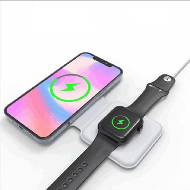 White folding magnetic wireless charging dock showing dual charging surfaces and 180-degree hinge