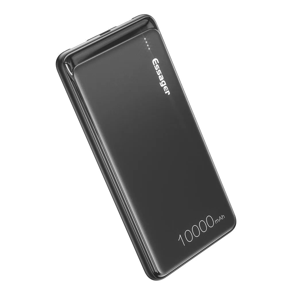 Essager Small Jane black and white 10000mAh portable power bank with dual USB ports and LED indicators.