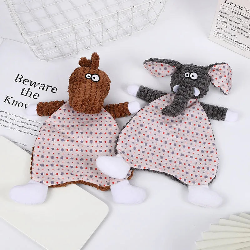 Brown stuffed animal fox elephant pet toy with soft velvet exterior for cats and dogs.