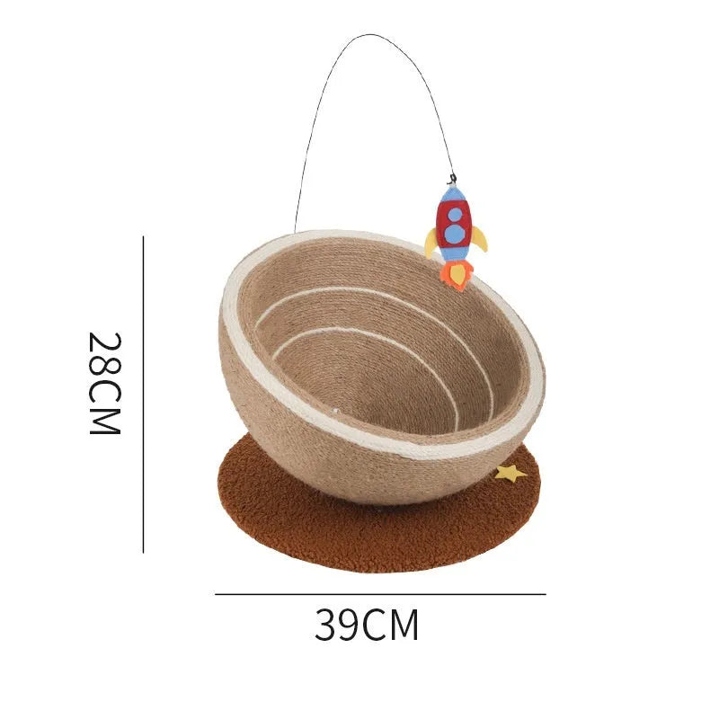 Large integrated cat scratching basin and nest with sisal rope scratching surface and flannel bed in starlight pattern