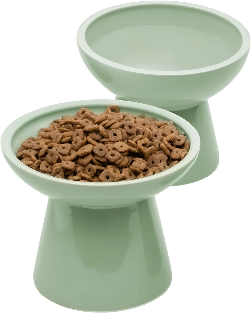 Elevated ceramic cat bowl set with wide shallow dish in blue green pink white colour options