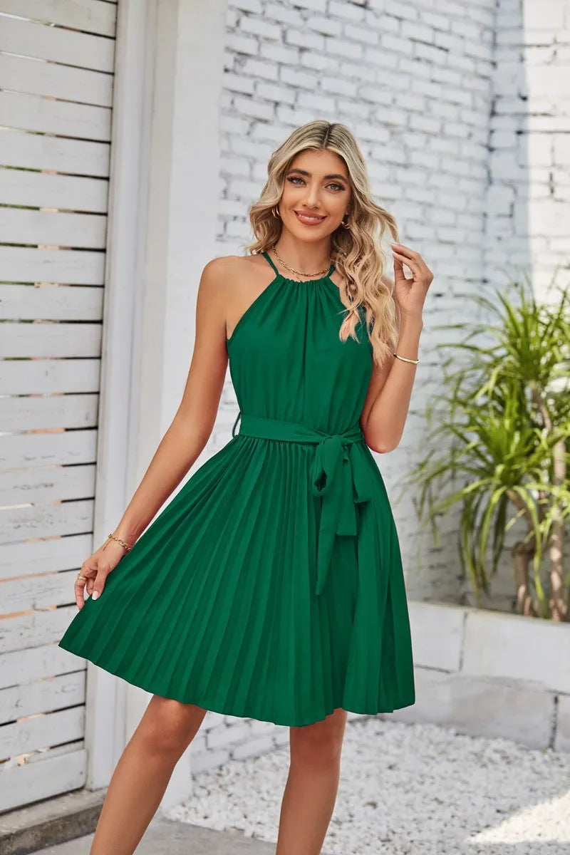 Women's black halter neck strapless sundress with pleated chiffon skirt and waist belt