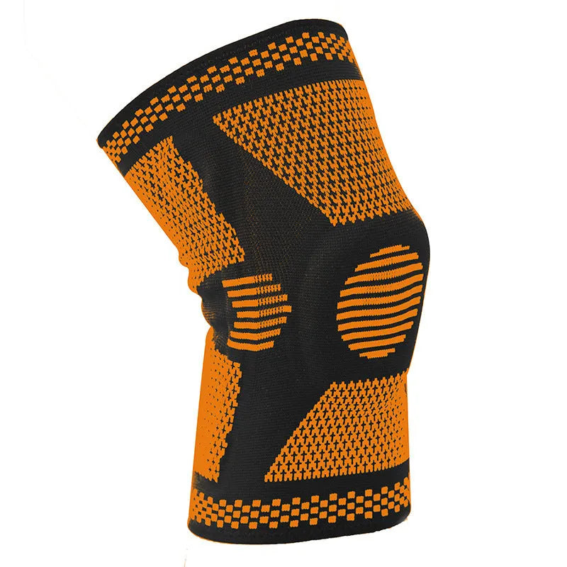 Sports silicone spring knee pad in blue, shown on a leg, with size options M, L, XL.