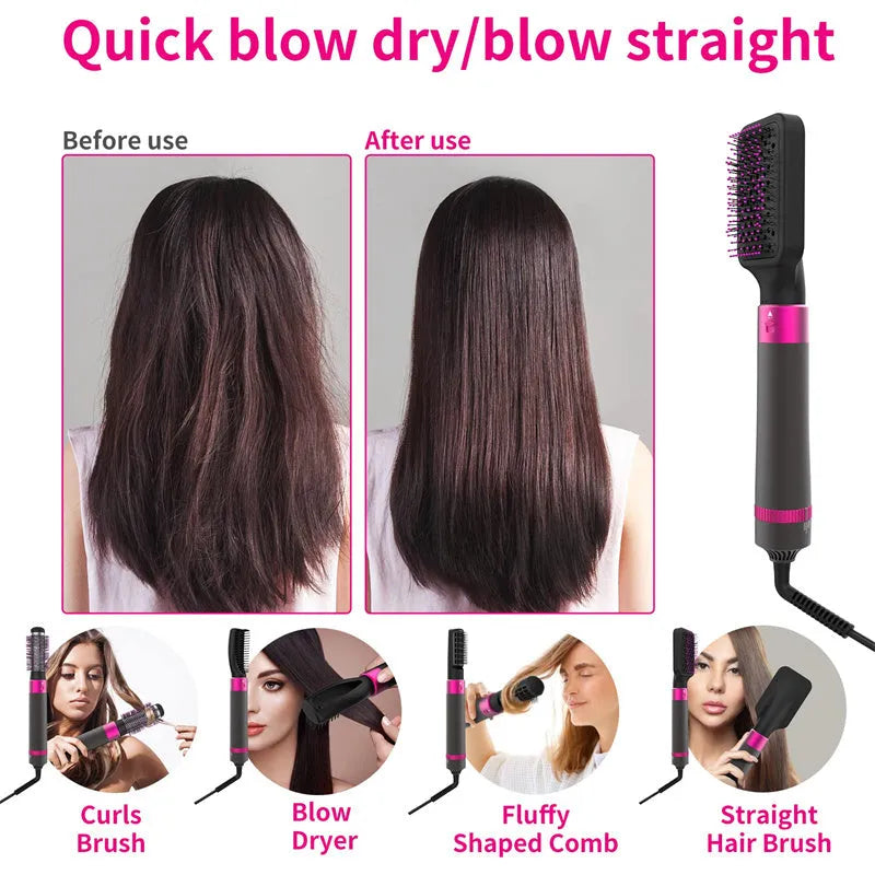 Dyson grey 5-in-1 hair dryer brush and straightening brush with five interchangeable attachments on a white background