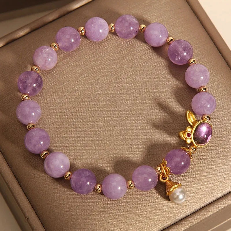 Natural mauve jade crystal rabbit bracelet with hare head charm on crystal beads, mori style, 18cm length