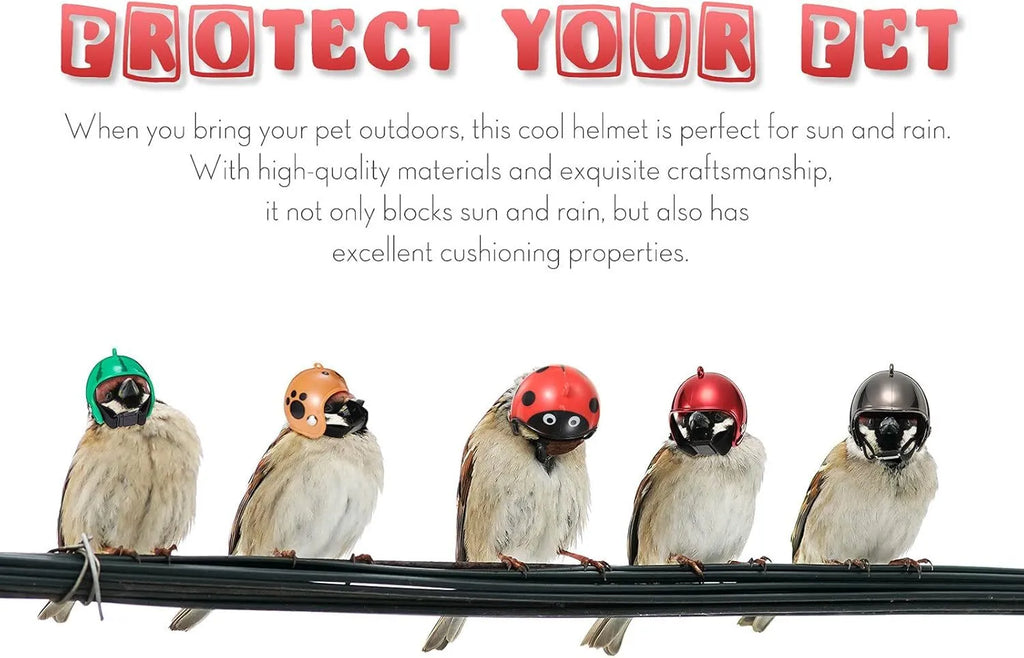Small hard plastic helmet for a chicken or bird with elastic straps and a colourful design.
