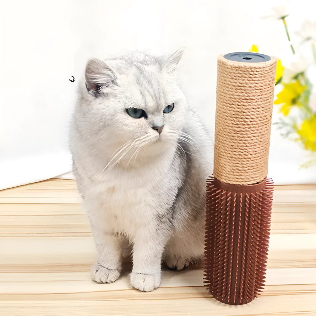 A tall, narrow sisal scratching post for cats on a floor.