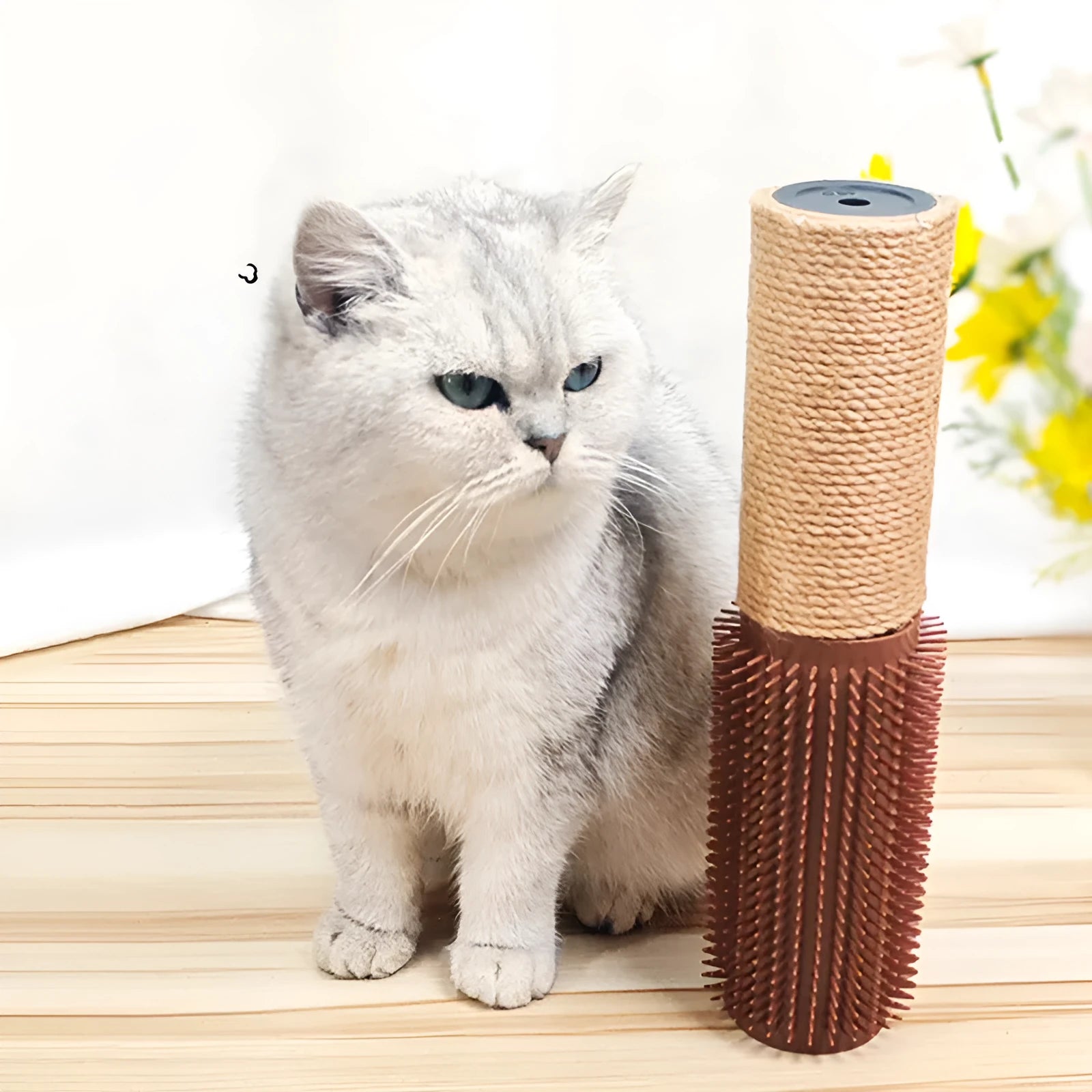 A tall, narrow sisal scratching post for cats on a floor.