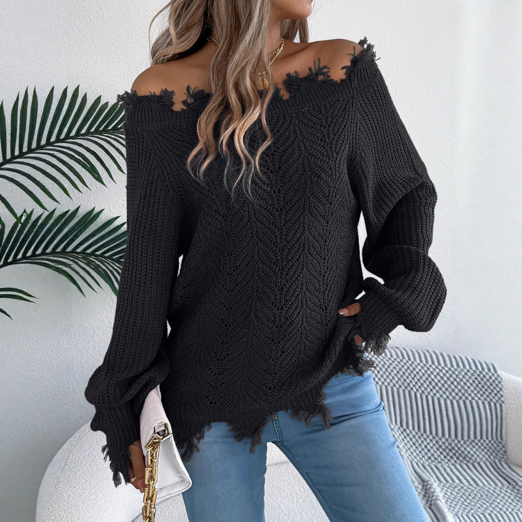 Hollow-out long-sleeved pullover sweater with off-the-shoulder neckline in black colour