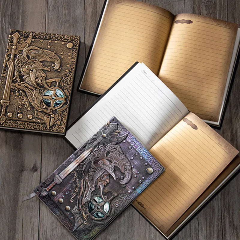 A5 leather notebook with embossed 3D warriors relief design on the cover, shown open.
