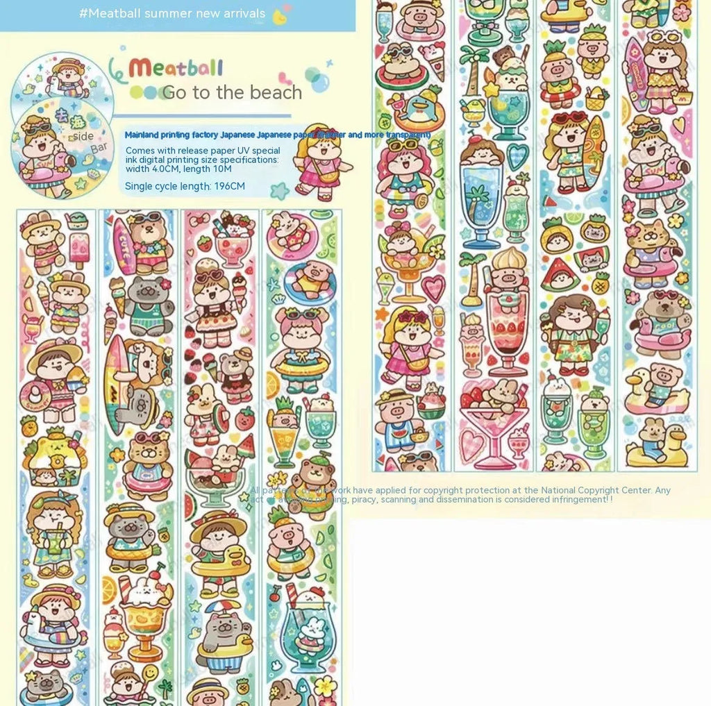 Sheet of cute cartoon character stickers on Japanese paper for haemorrhoid tape packaging.