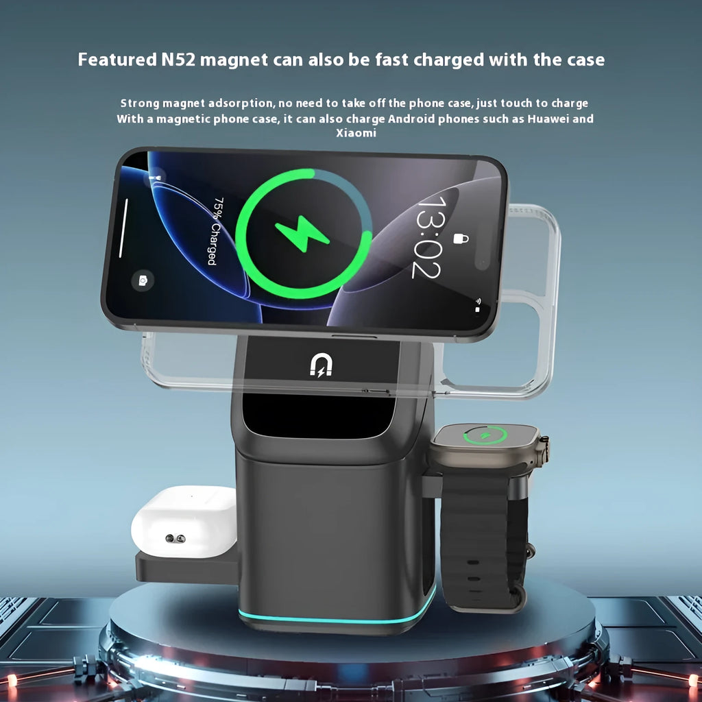 Black magnetic wireless phone charging stand showing 180-degree rotation adjustment.