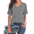 Grey loose fit V-neck t-shirt with chest pocket in casual polyester fabric