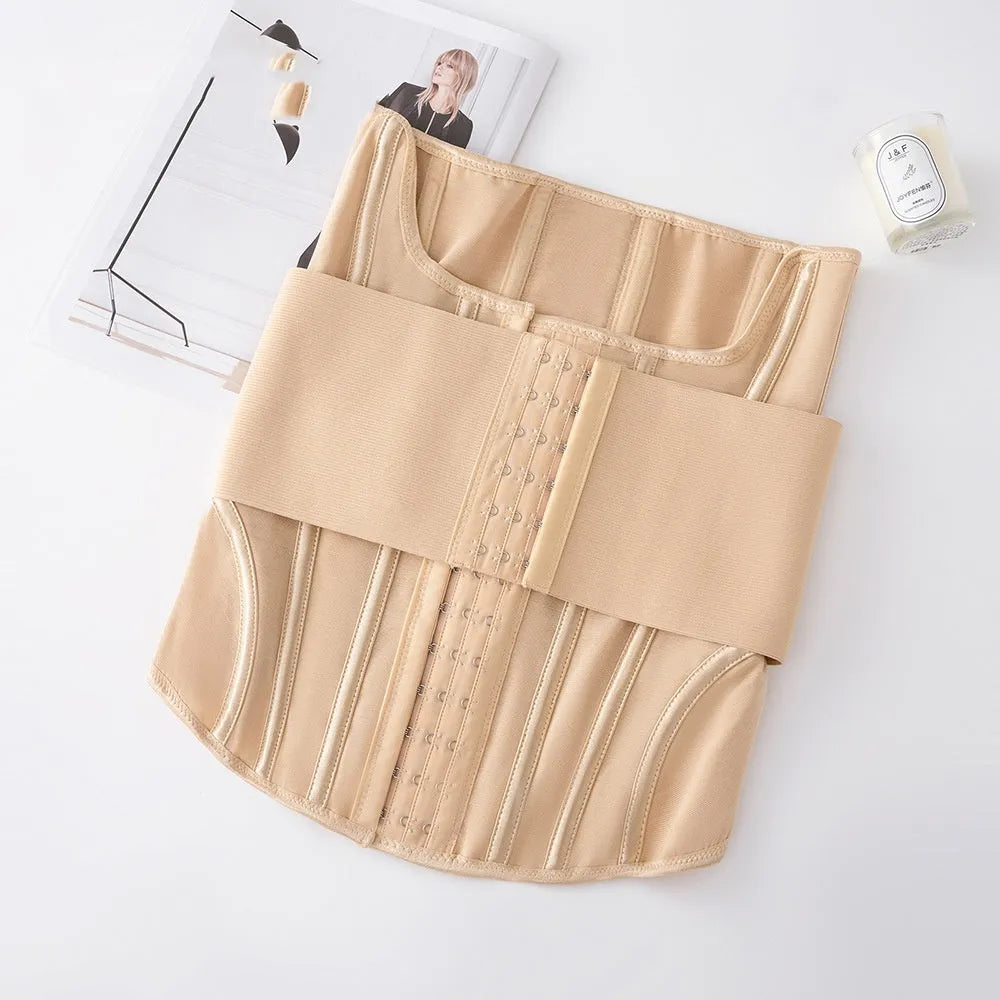 Nylon waist training belly band in black or apricot colour with adjustable tie.