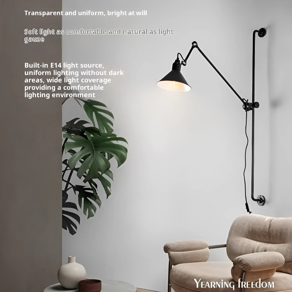 Black rotating rocker arm eye protection wall lamp with plug and Nordic iron lampshade showing warm bulb