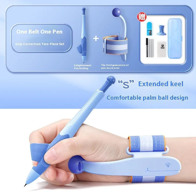 Blue anti-hook wrist brace pen corrector for children's handwriting posture on a desk.