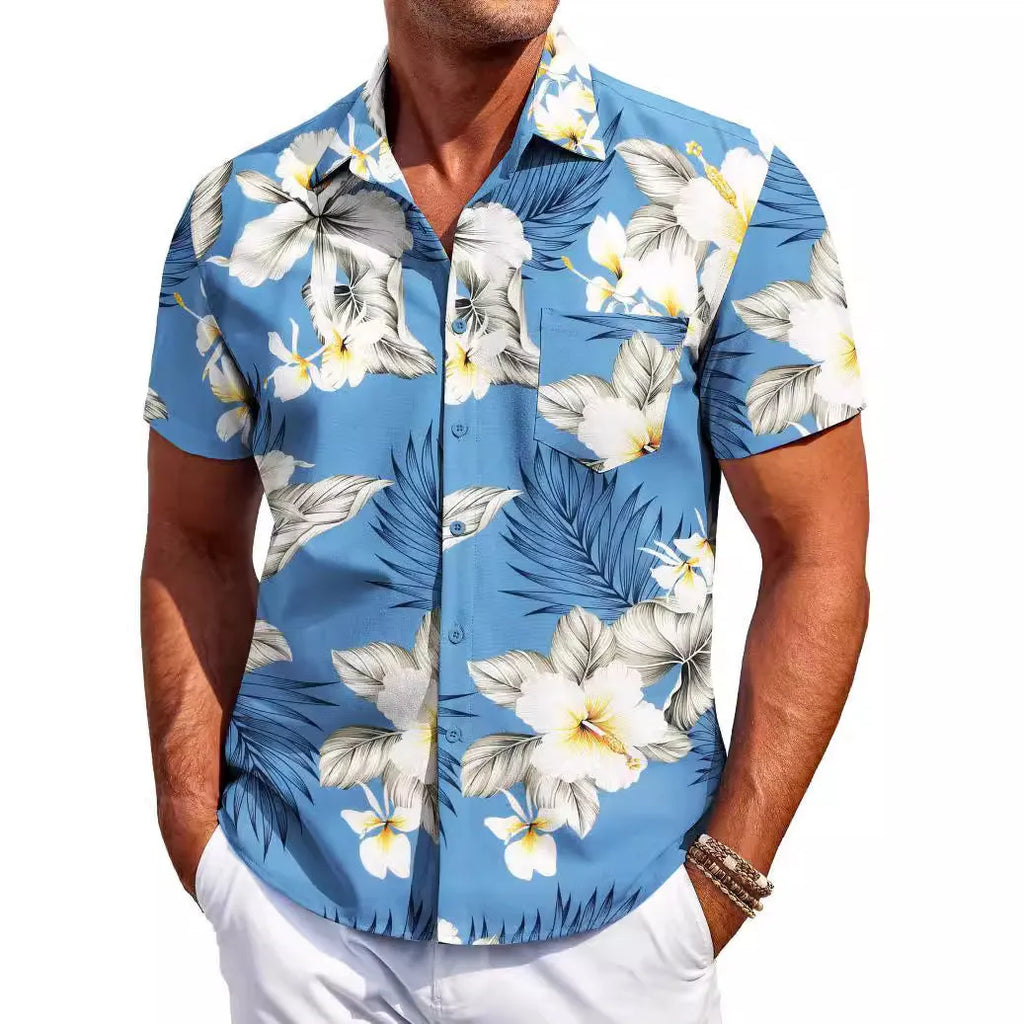 Men's slim-fit Hawaiian short sleeve shirt in elastic polyester fabric showing colour options and sizing