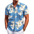 Men's slim-fit Hawaiian short sleeve shirt in elastic polyester fabric showing colour options and sizing