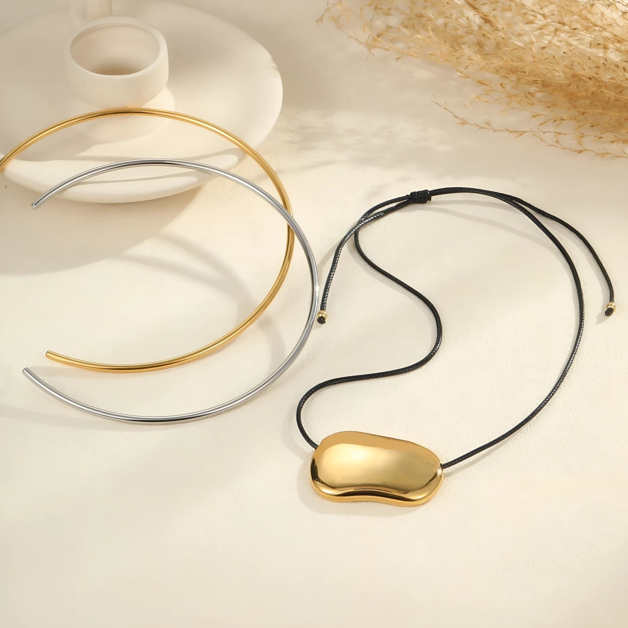Black rope titanium steel necklace with irregular geometric pendants on adjustable chain