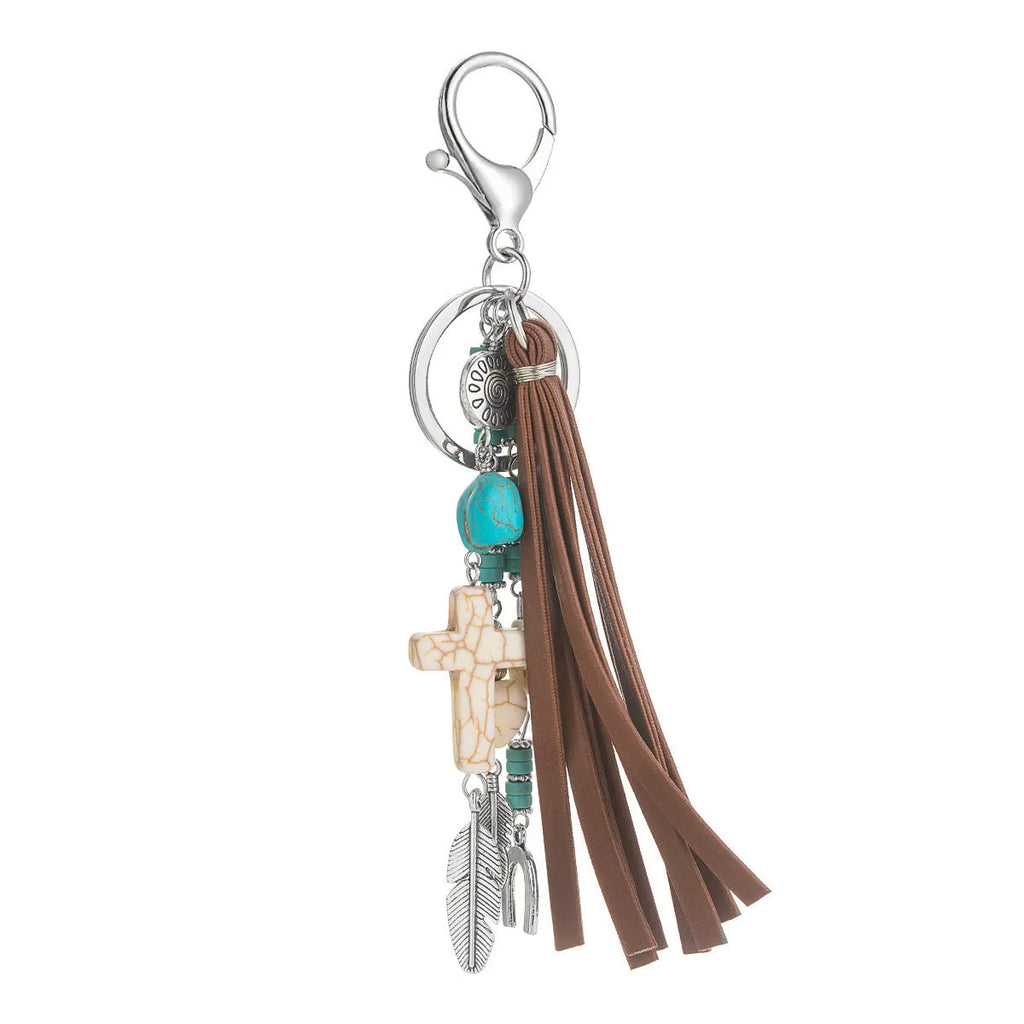 Cross leather rope tassel pendant keychain in retro alloy finish colour XY-3669