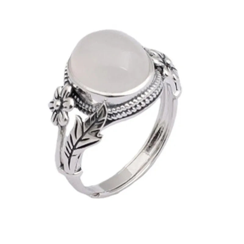 Adjustable copper vintage ring with white chalcedony stone and U-shaped antique design