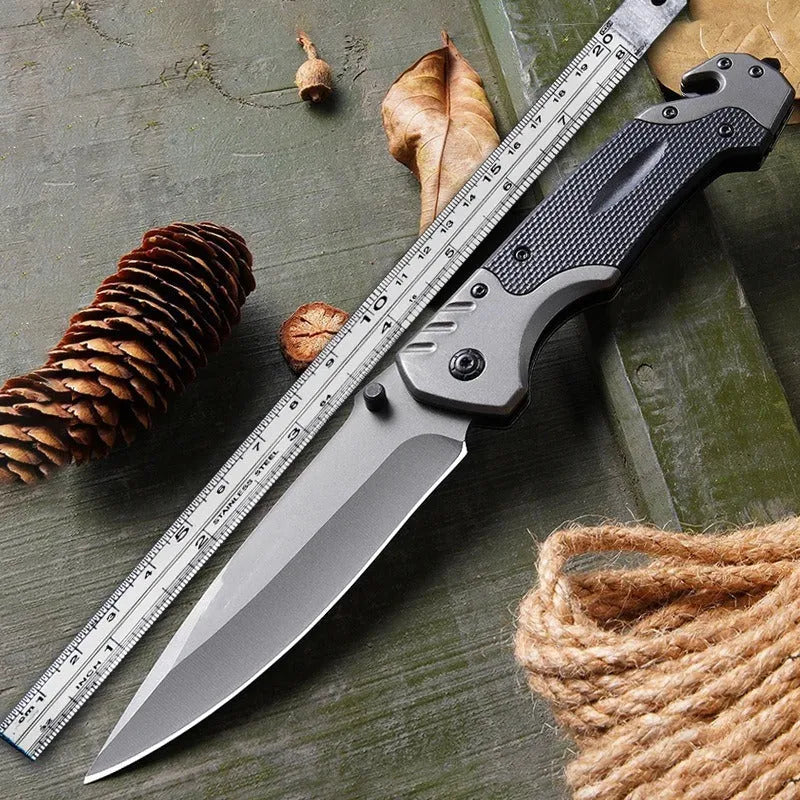 Alloy folding knife with 60-degree blade tip angle showing plain and textured handle options