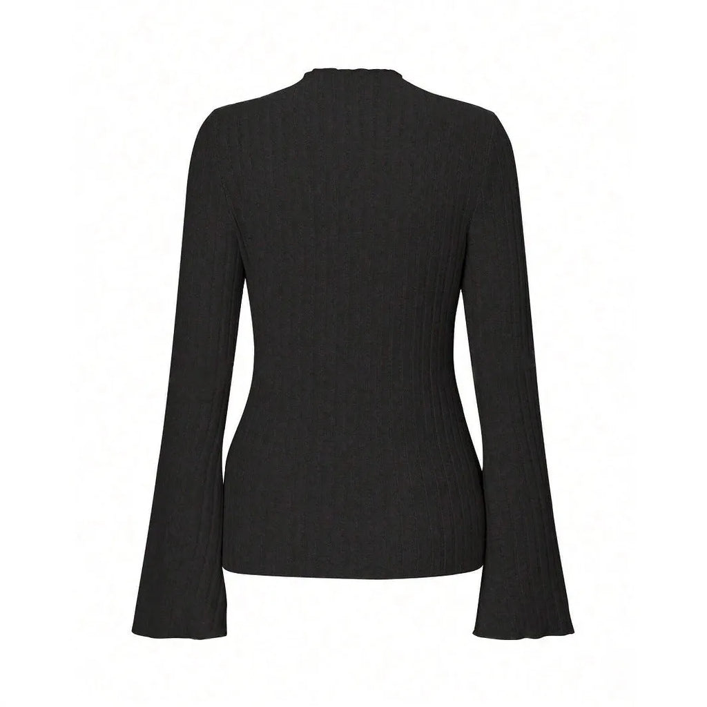 Long sleeve round neck top with lantern sleeves in brushed polyester fabric, black colour with sunken stripe pattern