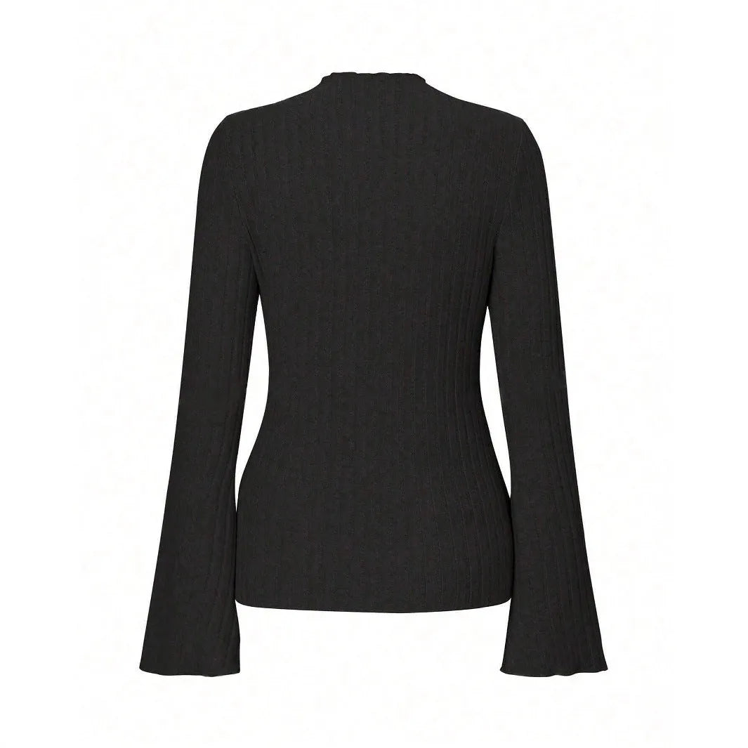 Long sleeve round neck top with lantern sleeves in brushed polyester fabric, black colour with sunken stripe pattern