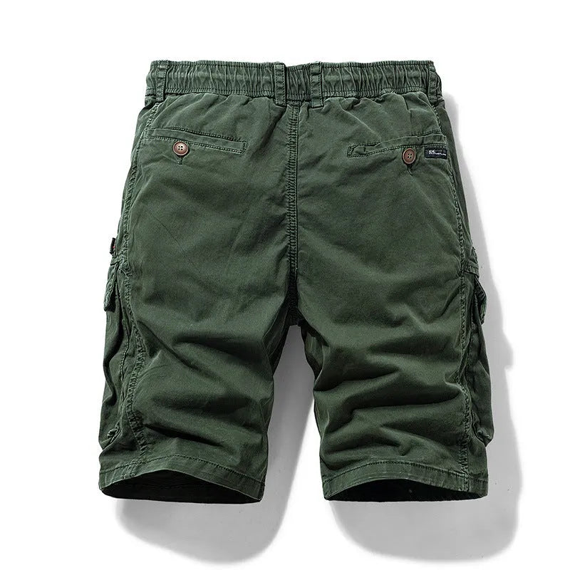 Men's cotton cargo shorts with zip pocket in army green colour, Korean style cut with multiple pockets
