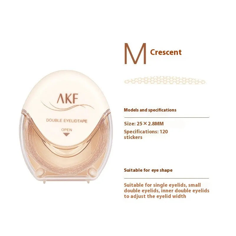 Clear double eyelid stickers on a roll, showing the invisible lace material in Crescent and Olive shapes.