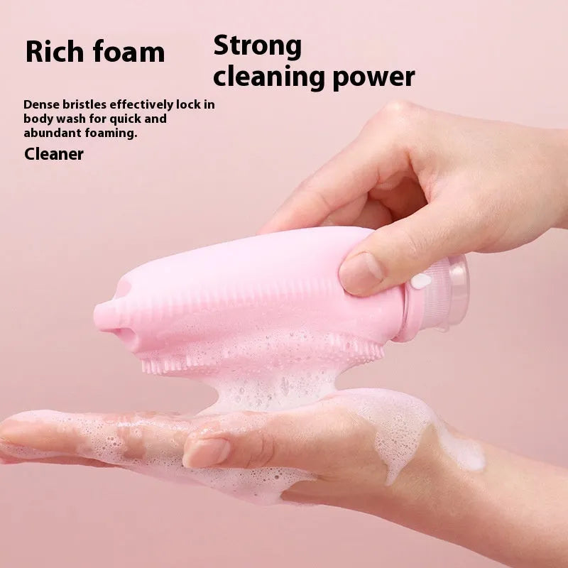 Silicone bath brush storage bottle in various colours including pink, orange and sea blue