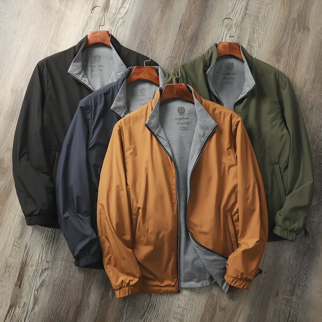 Men's stand collar casual jacket in Army Green, showing simple design and regular fit.