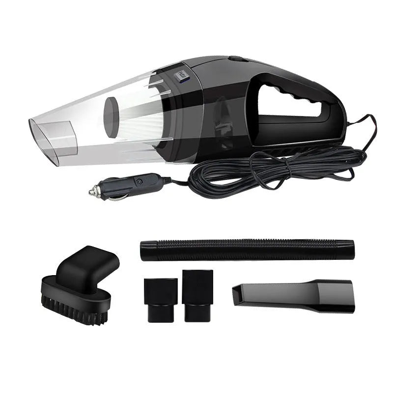 Orange handheld 12V car vacuum cleaner with nozzle attachments next to a car interior.