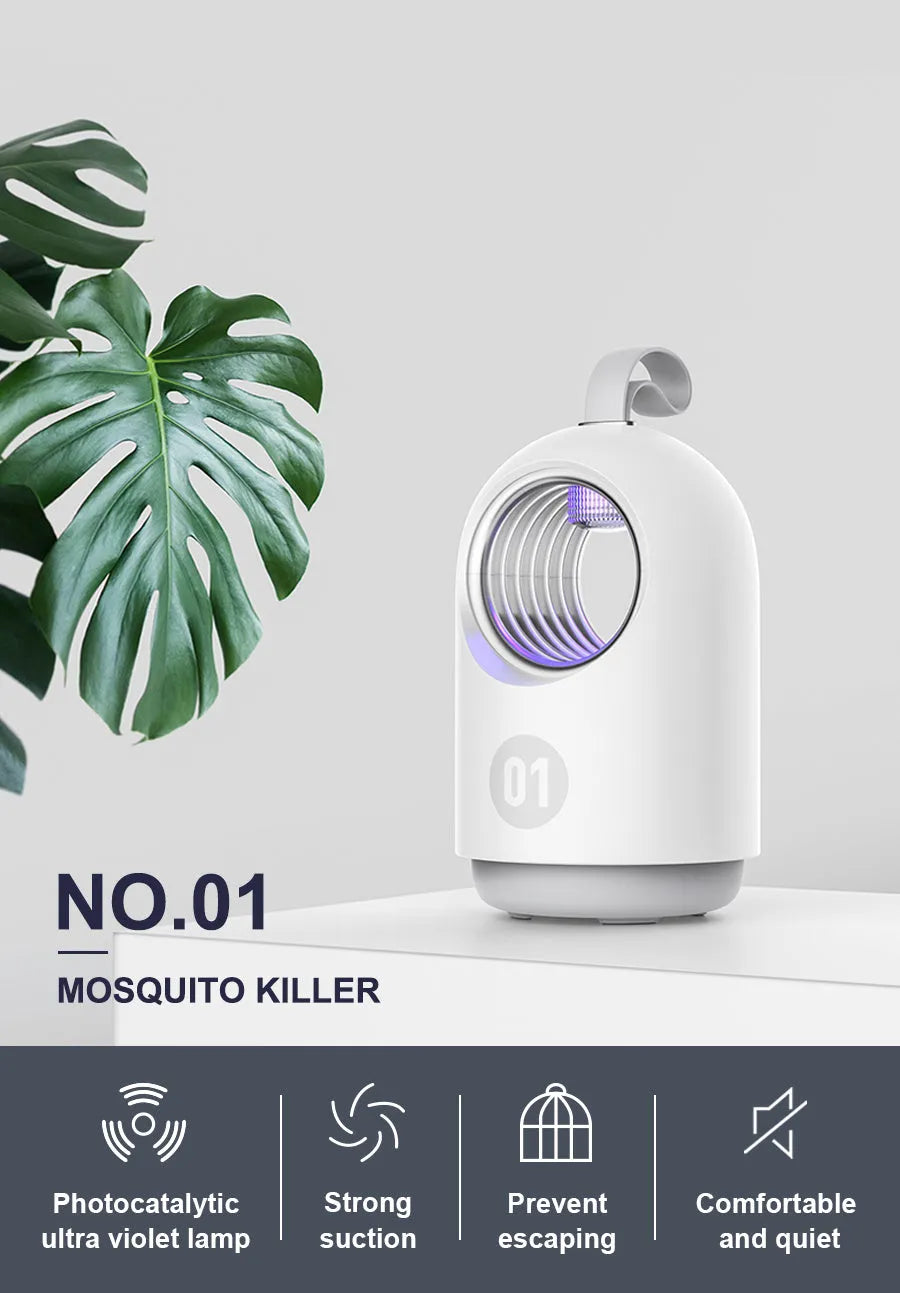 Blue or white indoor mosquito killer lamp with UV light, USB port, and silicone carry handle.
