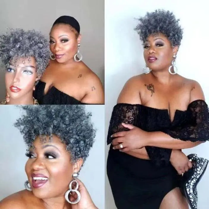 Women's short synthetic wig with simple rolls styling in Kanekalon material showing black, brown, gold, and grey colour options