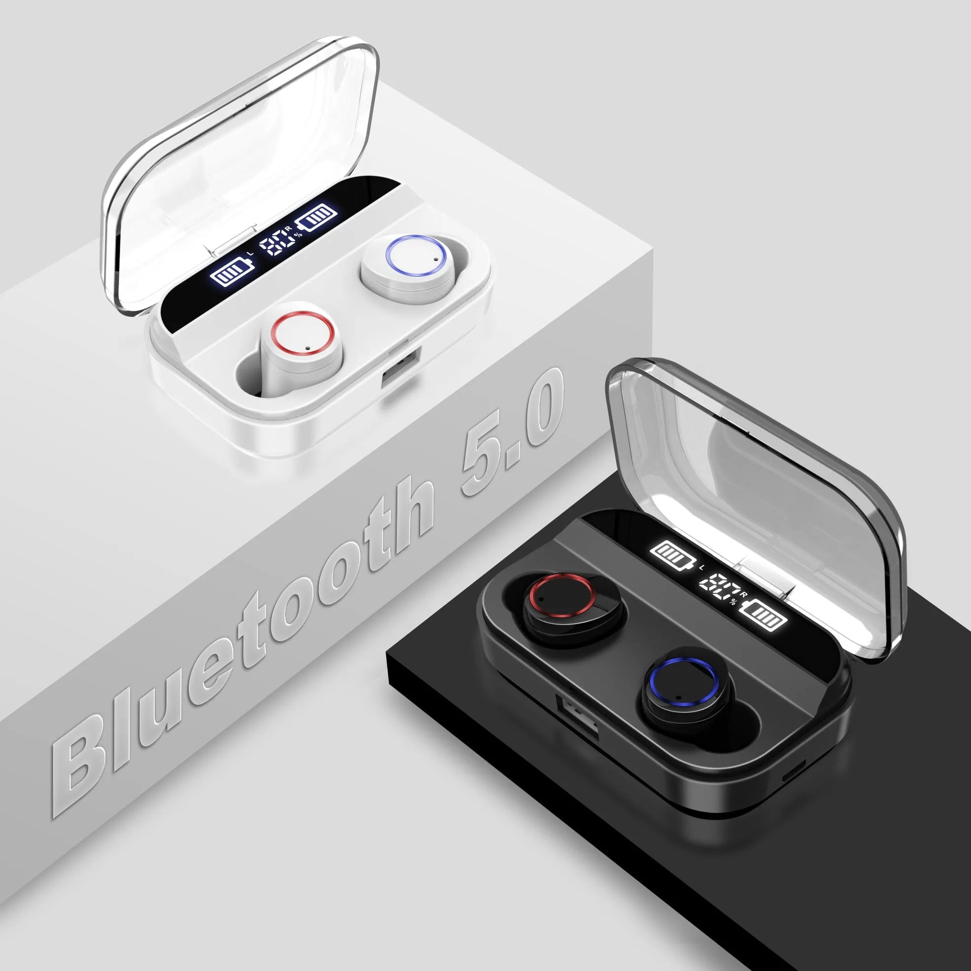 Black X11 Sky-Free wireless Bluetooth earbuds with touch controls and a white charging case.