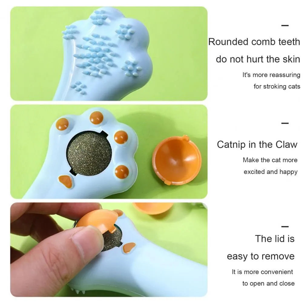 Blue cartoon-shaped cat toy with comb teeth and catnip compartment for dental care and massage grooming